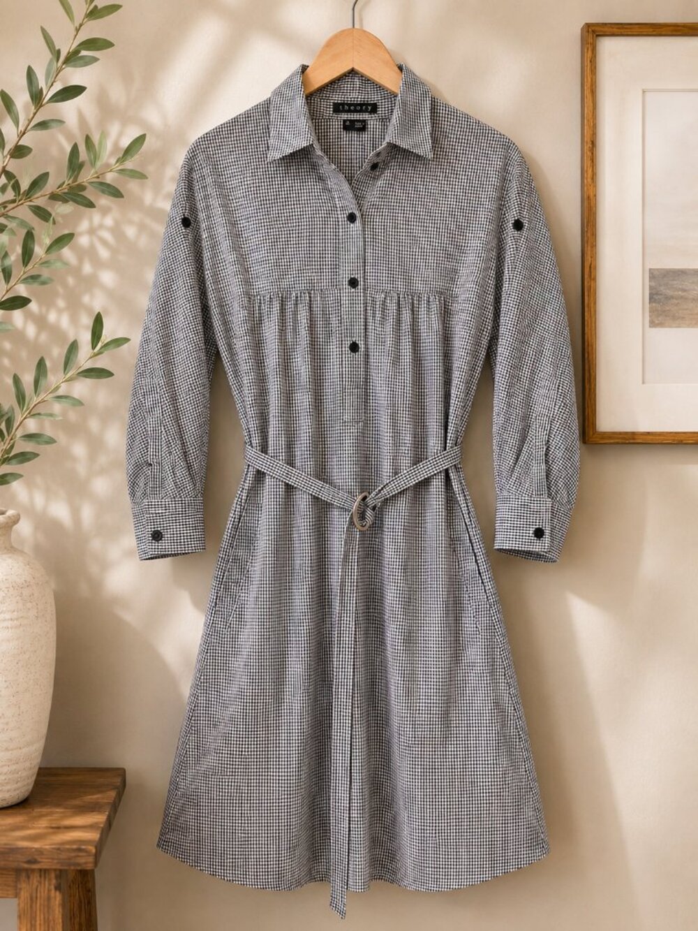 Theory Black Gingham Belted Shirt Dress | Size 8